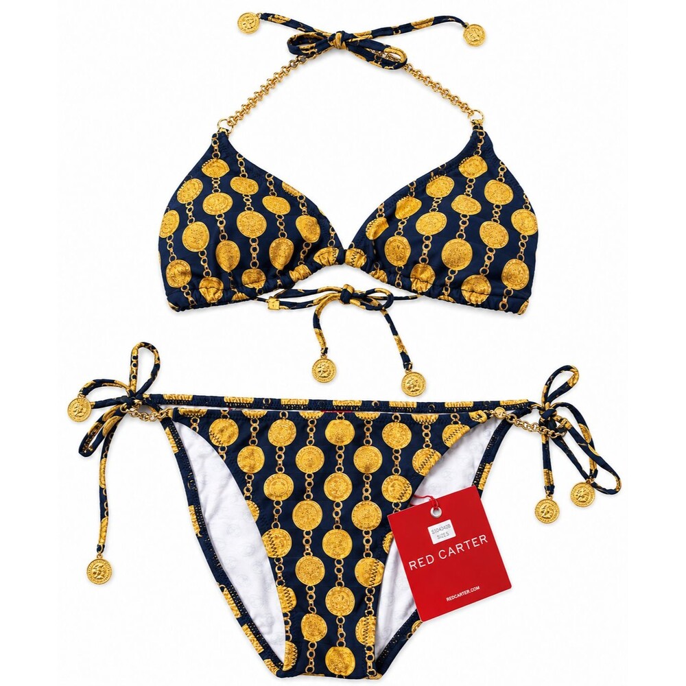 Red Carter String Tie Bikini Swimsuit Size Small Blue Yellow Coin Chain Cruise